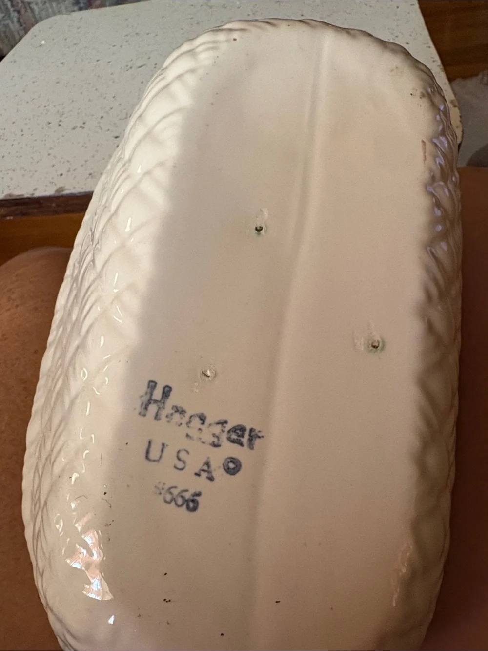 Glossy Cream Ceramic Basket with Handle / Haeger